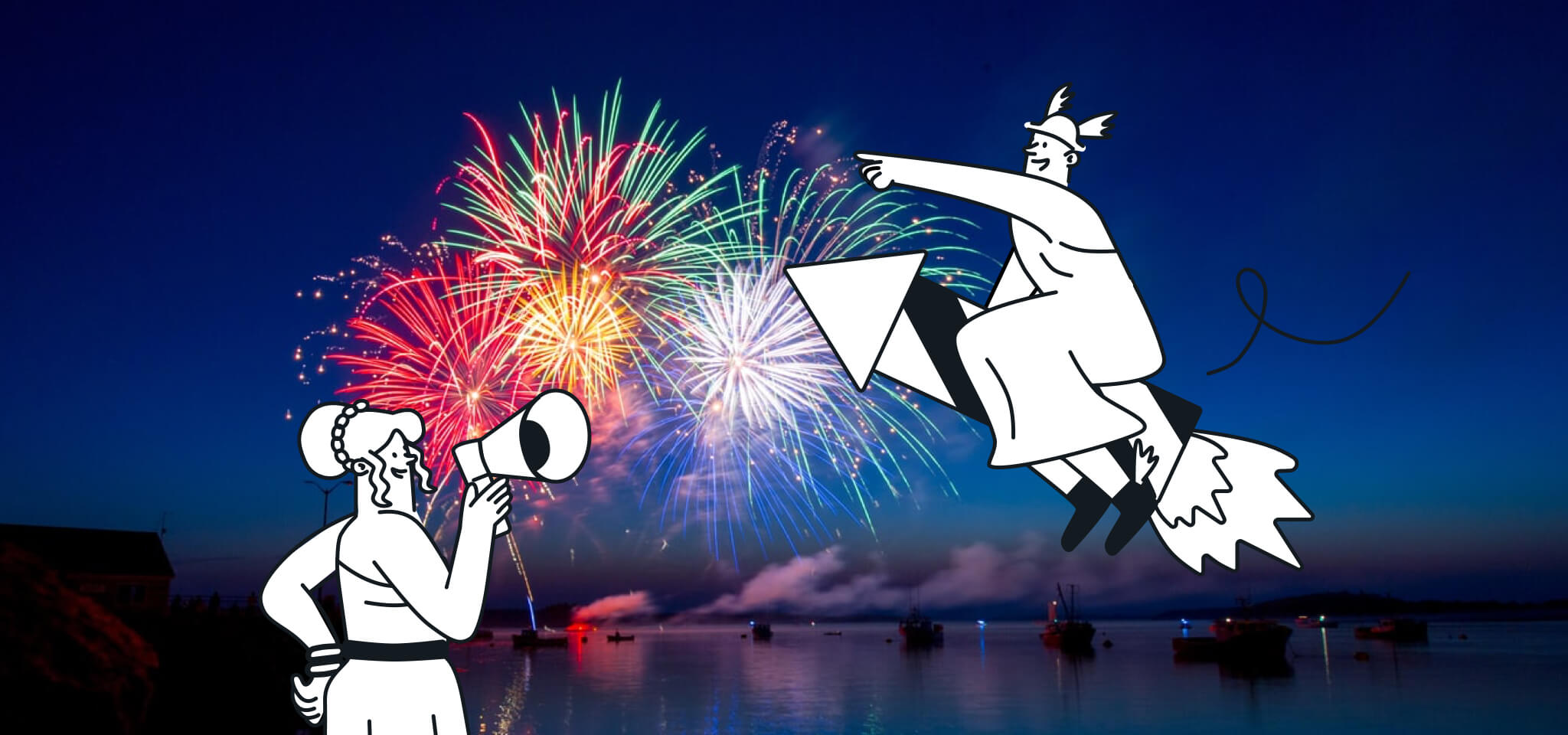 Hermes rides a firework next to a Goddess in front of a night sky with more fireworks