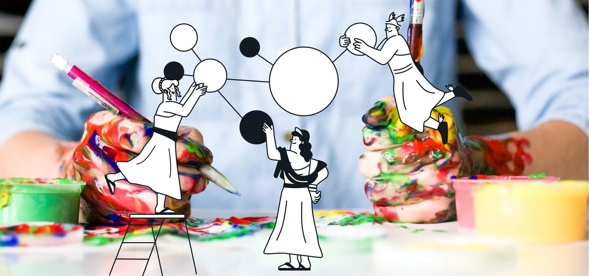 Hermes and two goddesses hang up some spheres in front of a painter