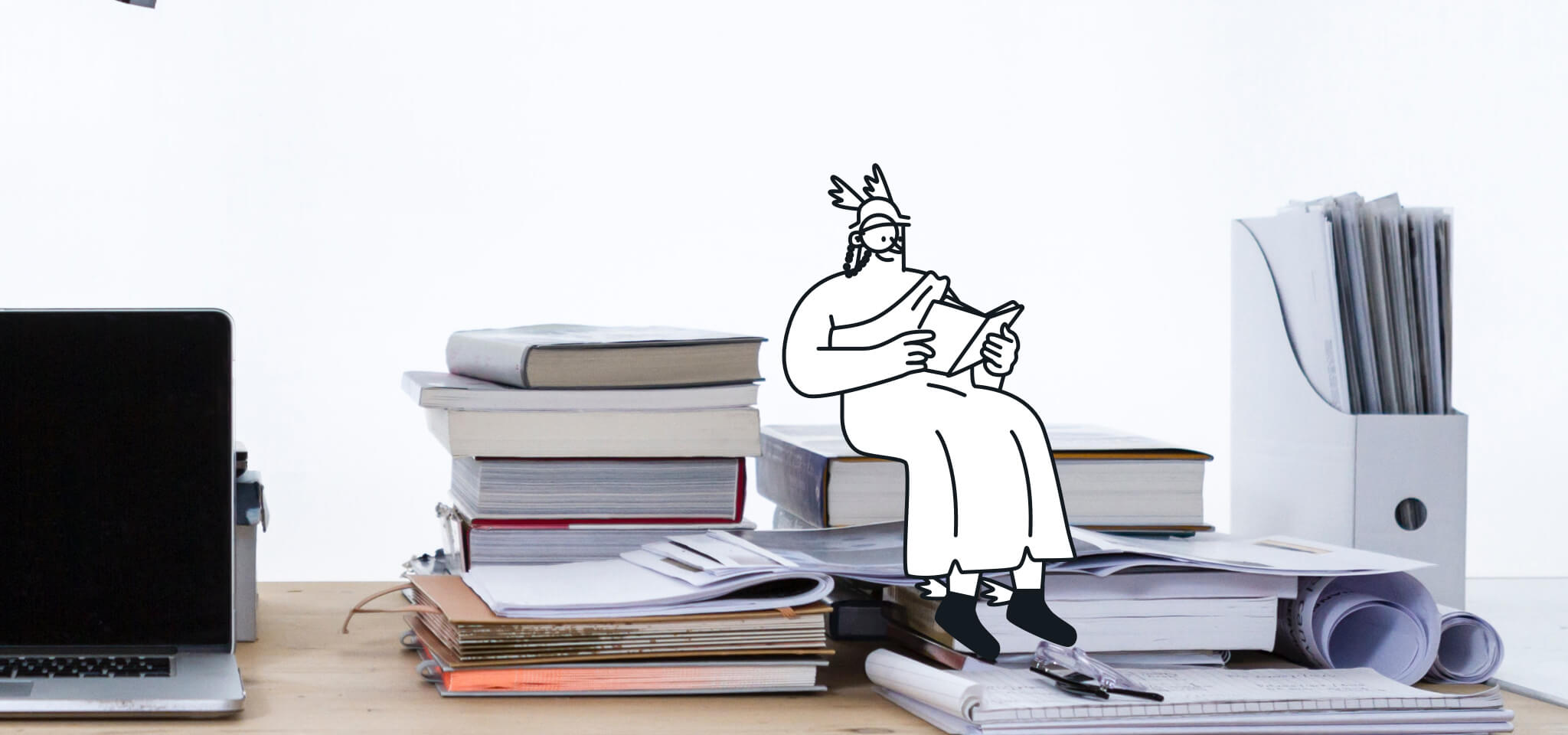 Hermes sitting on books while reading