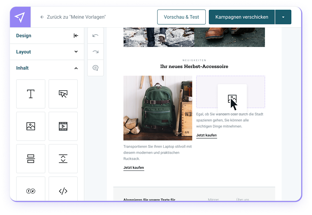 Der E-Mail-Editor von Mailjet mit Drag-and-drop-Funktion.