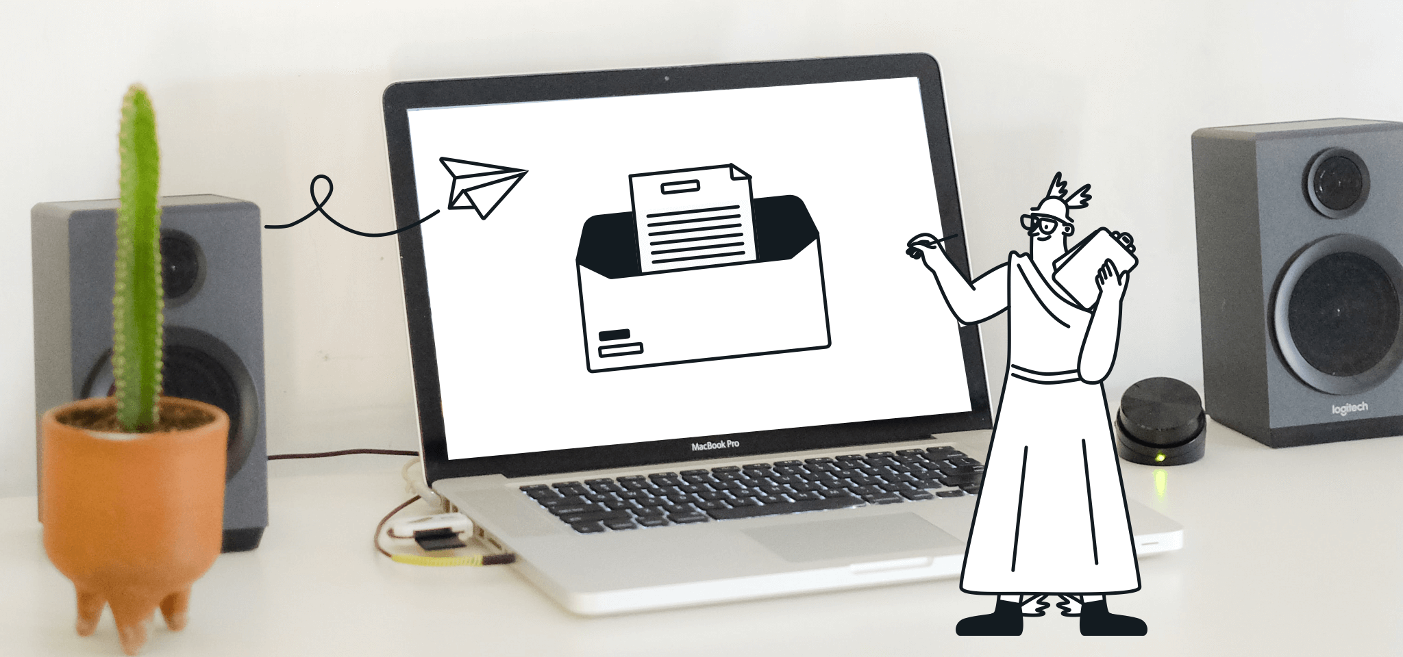 Hermes schreibt vor einem Laptop