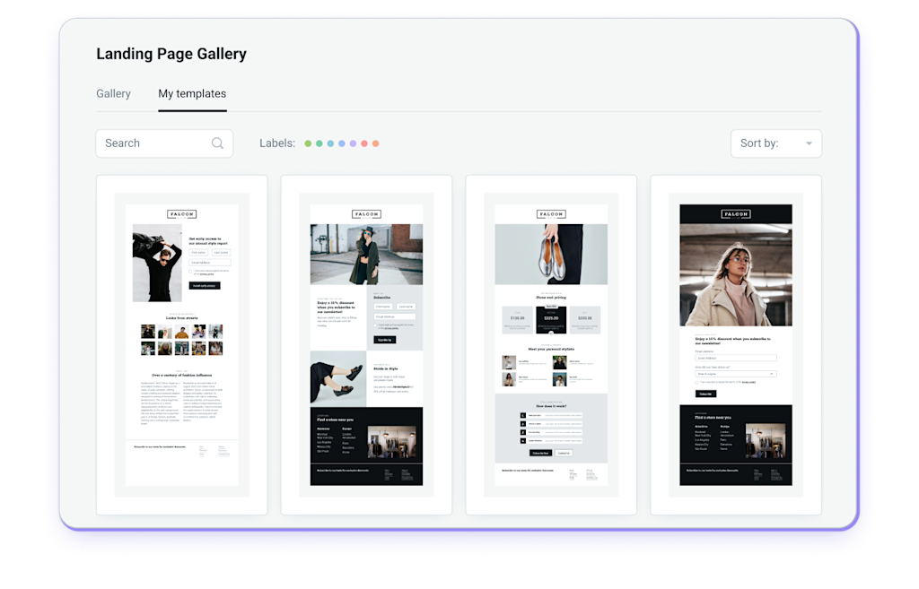 Template gallery for landing pages built with Mailjet