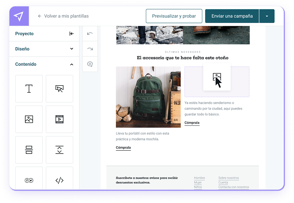 El Editor de emails de "arrastrar y soltar" de Mailjet.