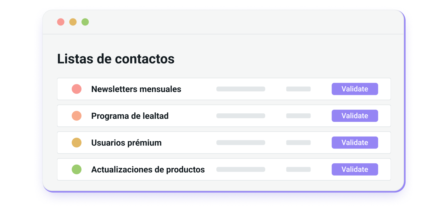 Una lista de contactos con opciones para validar