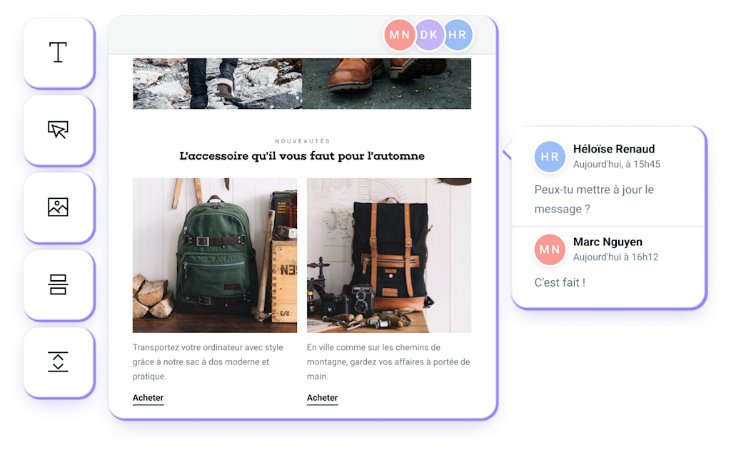 La fonctionnalité de travail collaboratif dans l’éditeur d’emails de Mailjet.