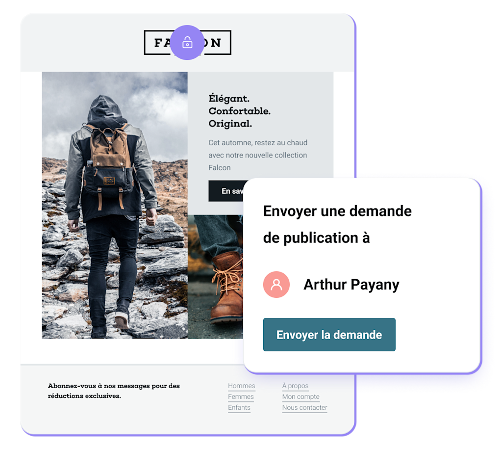 La fonctionnalité de section verrouillée et de demande de publication de Mailjet permet le contrôle des aspects créatifs.